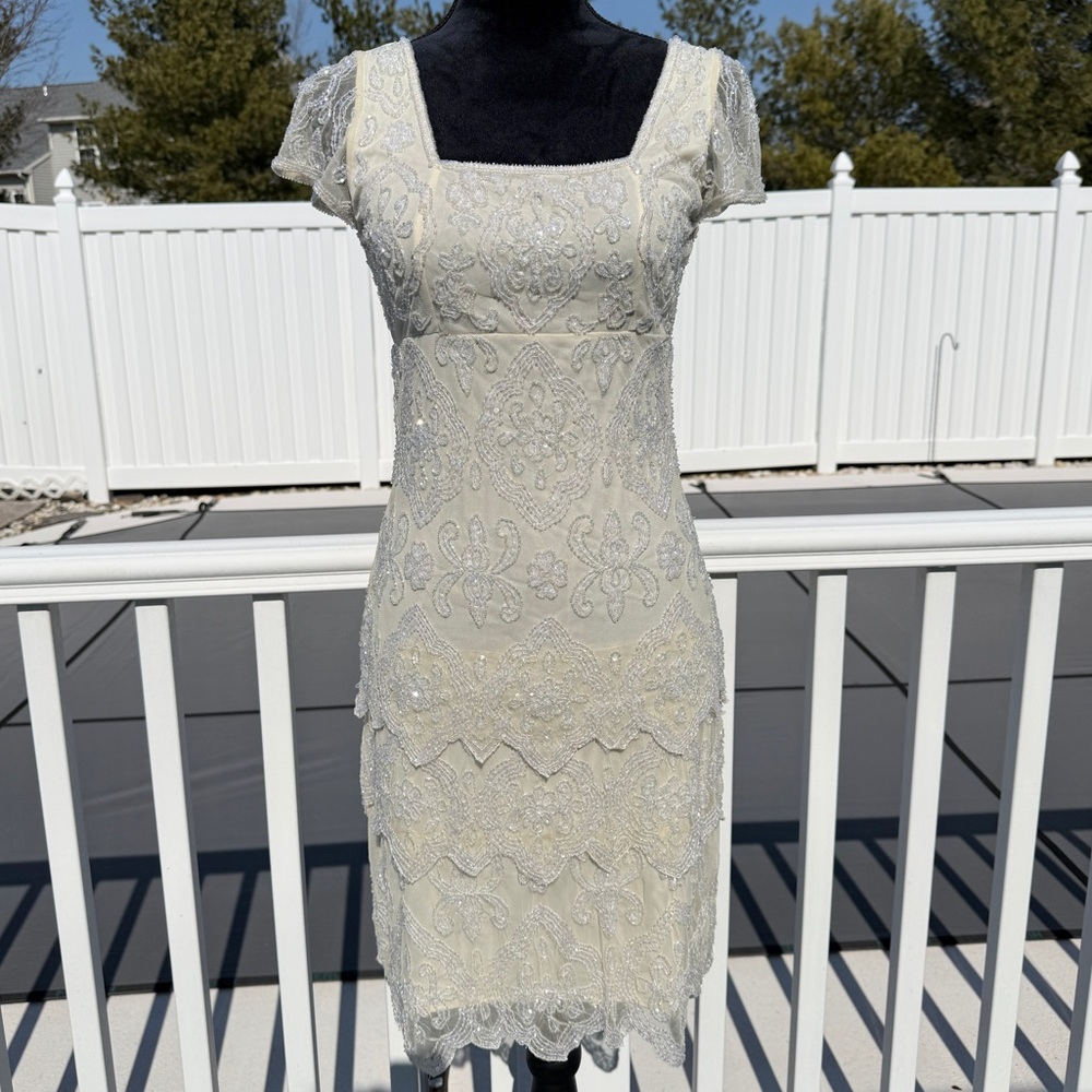 Pisarro Nights Ivory Beaded Tiered Dress Size 4